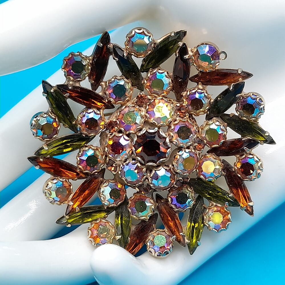 Vintage Topaz AB Rhinestone Floral Brooch Green Navette Gold Tone 2.25"